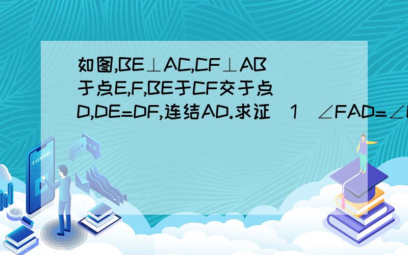 如图,BE⊥AC,CF⊥AB于点E,F,BE于CF交于点D,DE=DF,连结AD.求证（1）∠FAD=∠EAD（2）BD=CD
