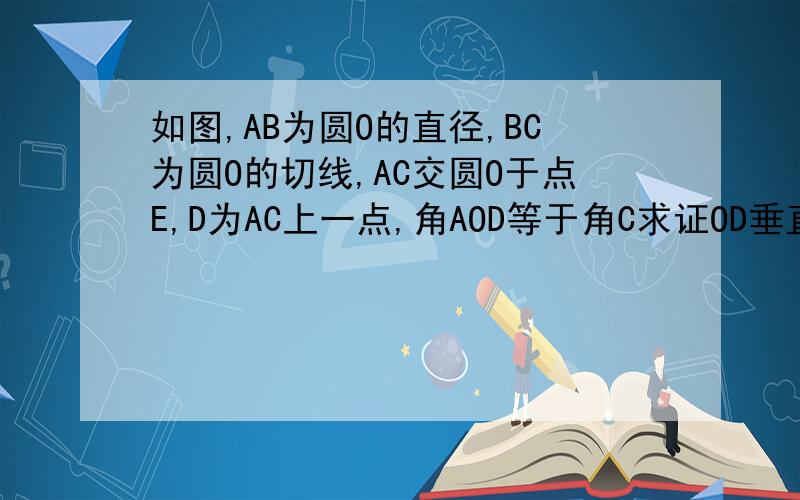 如图,AB为圆O的直径,BC为圆O的切线,AC交圆O于点E,D为AC上一点,角AOD等于角C求证OD垂直AC