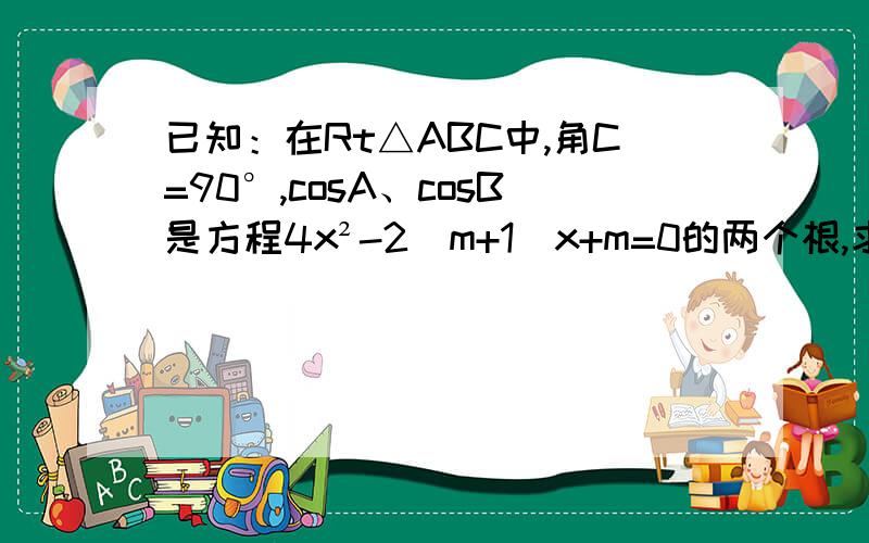 已知：在Rt△ABC中,角C=90°,cosA、cosB是方程4x²-2（m+1）x+m=0的两个根,求m的值.